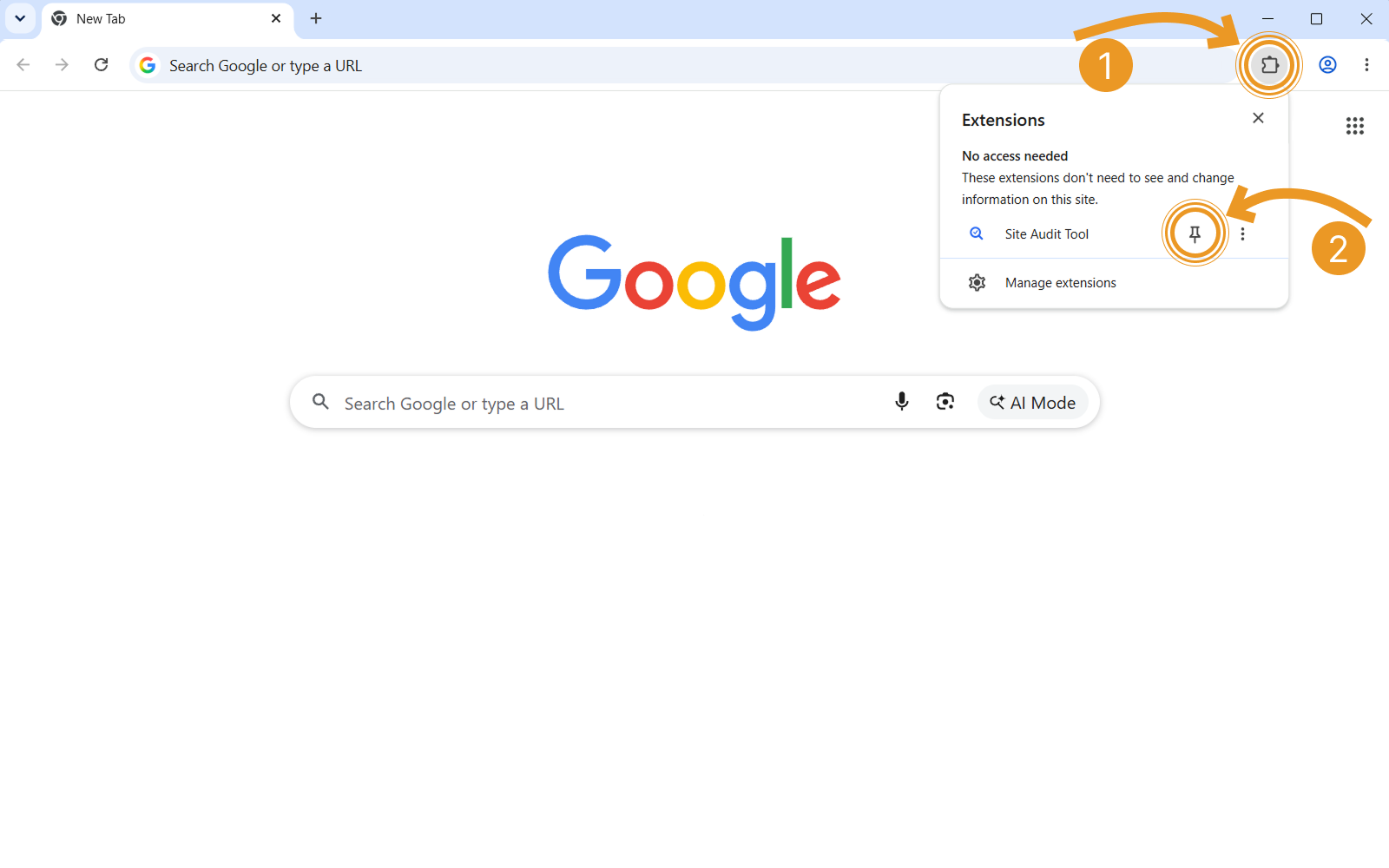 Chrome toolbar with the Extensions puzzle menu open and Site Audit Tool listed; annotation (1) on the puzzle icon and (2) on the pin icon