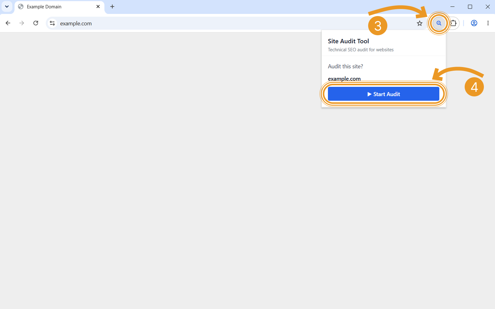 Browser on example.com with the Site Audit Tool popup open and an arrow pointing to the Start Audit button