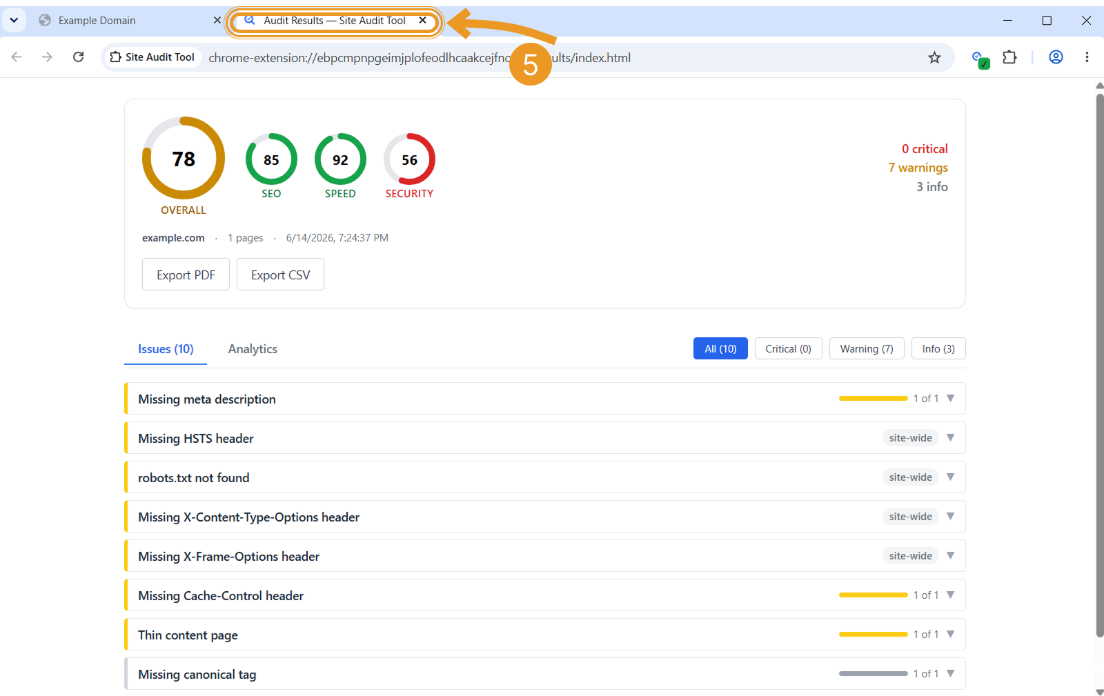 Two browser tabs: the audited example.com page in the background and the active Site Audit Tool report tab showing the audit in progress, with an arrow pointing to the report tab